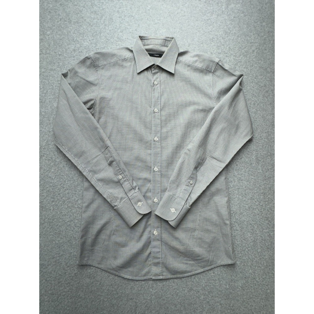 Z Zegna Dress Shirt Mens 15 Gray Houndstooth Slim Fit 100% Cotton Long Sleeve